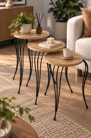 SuloraHome Lükens Metal Ayaklı Çam Desenli 3'lü Zigon Sehpa Takımı