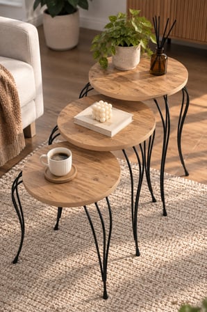 SuloraHome Lükens Metal Ayaklı Çam Desenli 3'lü Zigon Sehpa Takımı