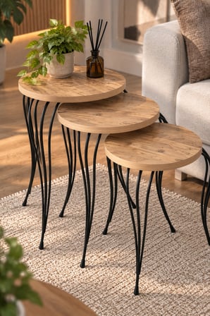 SuloraHome Lükens Metal Ayaklı Çam Desenli 3'lü Zigon Sehpa Takımı