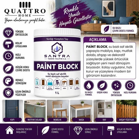 Paint Block 1 L Su Bazlı Saf Akrilik Mobilya ve Ahşap Dönüşüm Boyası – Kapı, Mutfak Dolabı, Masa ve Dekoratif Yüzey Boyası
