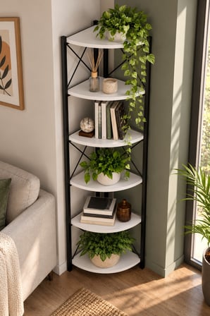 SuloraHome 6 Raflı Köşe Kitaplık ve Saksılık Standı Beyaz