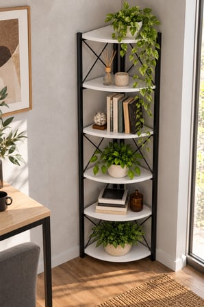 SuloraHome 6 Raflı Köşe Kitaplık ve Saksılık Standı Beyaz