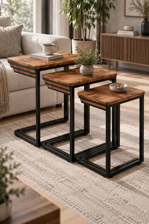 SuloraHome Barok Ahşap Desenli Tekerlekli Zigon Sehpa Takımı 3'lü