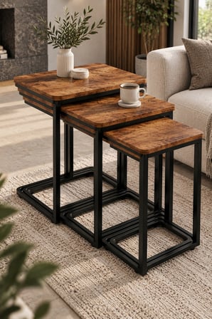 SuloraHome Barok Ahşap Desenli Tekerlekli Zigon Sehpa Takımı 3'lü