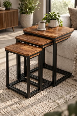 SuloraHome Barok Ahşap Desenli Tekerlekli Zigon Sehpa Takımı 3'lü