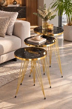 SuloraHome Gold Bendir Tel Zigon Sehpa Seti 3'lü