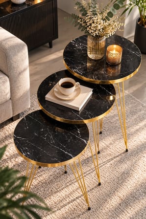 SuloraHome Gold Bendir Tel Zigon Sehpa Seti 3'lü