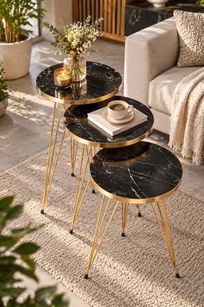 SuloraHome Gold Bendir Tel Zigon Sehpa Seti 3'lü