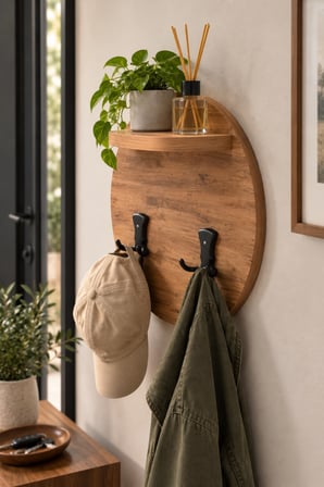 SuloraHome Ceviz Desenli Duvar Askılığı ve Mini Raf Ünitesi