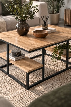 SuloraHome Raflı Orta Sehpa Çam Desenli 90x60 cm
