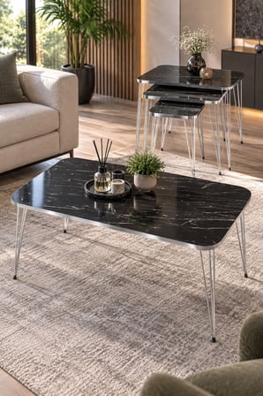 SuloraHome Siyah 4'lü Sehpa Seti Gümüş Metal Ayaklı