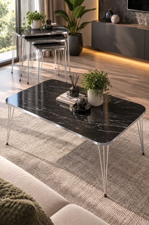 SuloraHome Siyah 4'lü Sehpa Seti Gümüş Metal Ayaklı