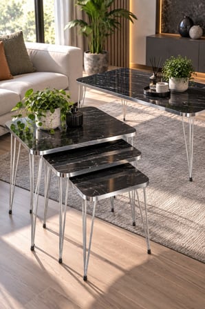 SuloraHome Siyah 4'lü Sehpa Seti Gümüş Metal Ayaklı