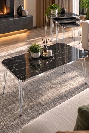 SuloraHome Siyah 4'lü Sehpa Seti Gümüş Metal Ayaklı