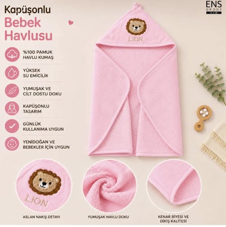 Kapüşonlu Bebek Bornoz Havlu %100 Pamuk Aslan Nakışlı Yumuşak Banyo Havlusu Pembe