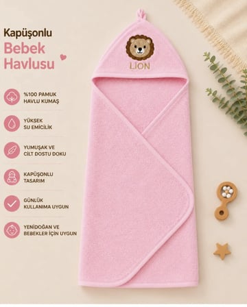 Kapüşonlu Bebek Bornoz Havlu %100 Pamuk Aslan Nakışlı Yumuşak Banyo Havlusu Pembe