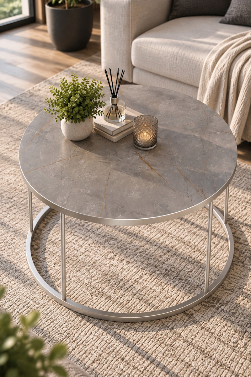 SuloraHome Gordion Desenli Gri Orta Sehpa Gümüş Ayaklı Yuvarlak Salon Sehpası