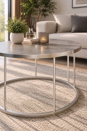 SuloraHome Gordion Desenli Gri Orta Sehpa Gümüş Ayaklı Yuvarlak Salon Sehpası