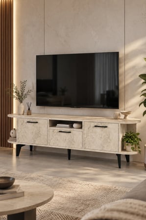 SuloraHome Ekru Traverten Desenli Suntalam TV Sehpası 160x35 cm
