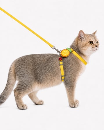 Çilek Figürlü Zilli Kedi Göğüs Tasması ve Gezdirme Kayışı Seti, Ayarlanabilir Göğüs Tasması ve Gezdirme İpi, Günlük Gezi ve Yürüyüş İçin (Sarı)