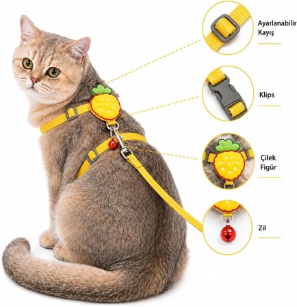 Çilek Figürlü Zilli Kedi Göğüs Tasması ve Gezdirme Kayışı Seti, Ayarlanabilir Göğüs Tasması ve Gezdirme İpi, Günlük Gezi ve Yürüyüş İçin (Sarı)