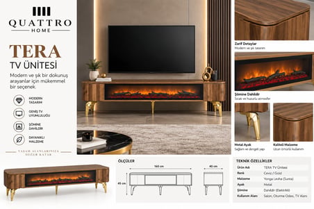 Tera Elektrikli Şömineli TV Ünitesi 160 cm Ceviz Gold Metal Ayaklı Modern TV Sehpası