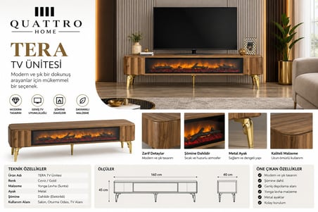 Tera Elektrikli Şömineli TV Ünitesi 160 cm Ceviz Gold Metal Ayaklı Modern TV Sehpası