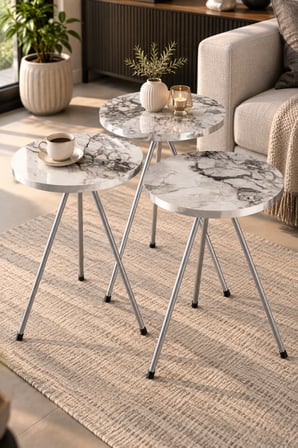 SuloraHome Gümüş Metal Ayaklı Mermer Desenli 3'lü Zigon Sehpa Takımı