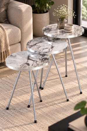 SuloraHome Gümüş Metal Ayaklı Mermer Desenli 3'lü Zigon Sehpa Takımı