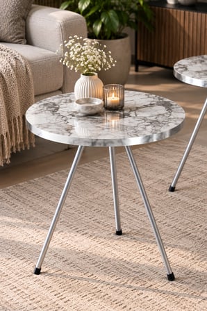 SuloraHome Gümüş Metal Ayaklı Mermer Desenli 3'lü Zigon Sehpa Takımı