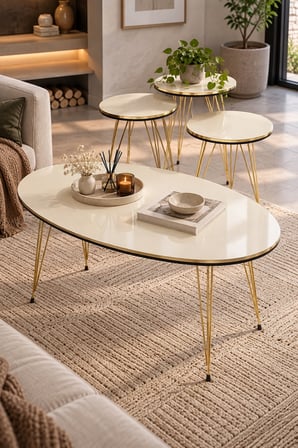 SuloraHome Gold Tel Ayaklı 4'lü Sehpa Seti Krem