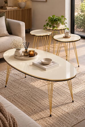 SuloraHome Gold Tel Ayaklı 4'lü Sehpa Seti Krem