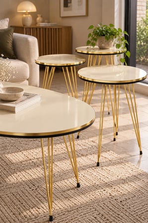 SuloraHome Gold Tel Ayaklı 4'lü Sehpa Seti Krem