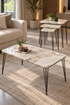 SuloraHome Mermer Desenli Orta Sehpa ve 3'lü Zigon Sehpa Seti