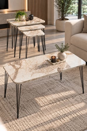 SuloraHome Mermer Desenli Orta Sehpa ve 3'lü Zigon Sehpa Seti