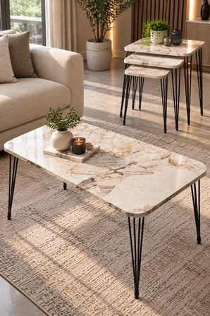 SuloraHome Mermer Desenli Orta Sehpa ve 3'lü Zigon Sehpa Seti