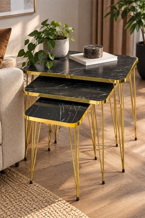 SuloraHome Siyah Mermer Desenli Gold Metal Ayaklı 3'lü Zigon Sehpa Takımı
