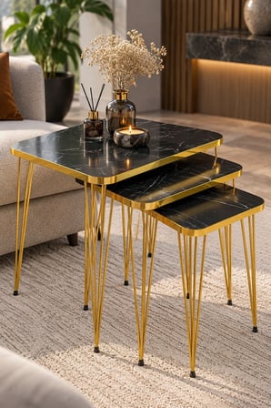 SuloraHome Siyah Mermer Desenli Gold Metal Ayaklı 3'lü Zigon Sehpa Takımı