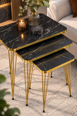 SuloraHome Siyah Mermer Desenli Gold Metal Ayaklı 3'lü Zigon Sehpa Takımı