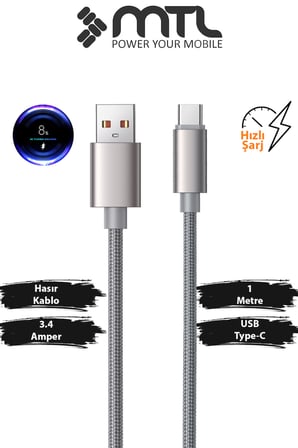 3.4A USB to Type-C Örgülü Alüminyum Başlıklı Hızlı Şarj ve Data Kablosu 1 Metre MT2031