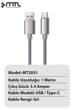 3.4A USB to Type-C Örgülü Alüminyum Başlıklı Hızlı Şarj ve Data Kablosu 1 Metre MT2031