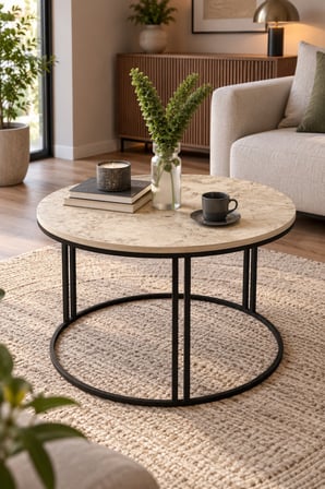 SuloraHome Yuvarlak Traverten Desenli Orta Sehpa - Metal Ayaklı