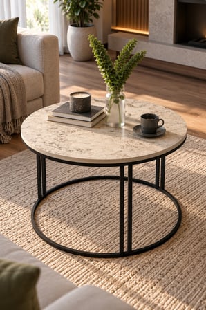 SuloraHome Yuvarlak Traverten Desenli Orta Sehpa - Metal Ayaklı
