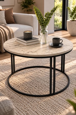 SuloraHome Yuvarlak Traverten Desenli Orta Sehpa - Metal Ayaklı