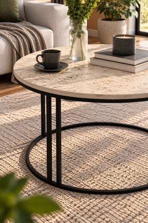 SuloraHome Yuvarlak Traverten Desenli Orta Sehpa - Metal Ayaklı