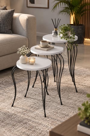 SuloraHome Lükens Metal Ayaklı Beyaz 3'lü Zigon Sehpa Takımı