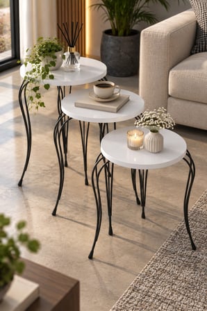 SuloraHome Lükens Metal Ayaklı Beyaz 3'lü Zigon Sehpa Takımı