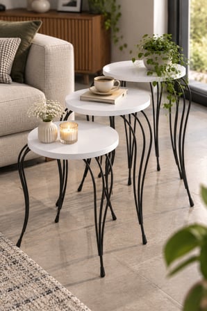 SuloraHome Lükens Metal Ayaklı Beyaz 3'lü Zigon Sehpa Takımı