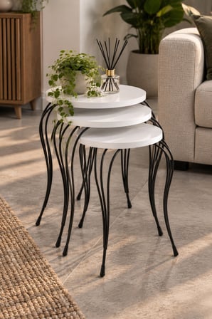 SuloraHome Lükens Metal Ayaklı Beyaz 3'lü Zigon Sehpa Takımı