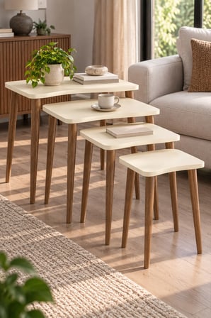 SuloraHome Torna Ahşap Ayaklı 4'lü Zigon Sehpa Takımı Krem Bej